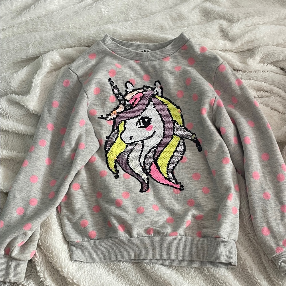 H&M Gray Sweatshirt with Pink Polka Dots and Multicolor Sequin Unicorn